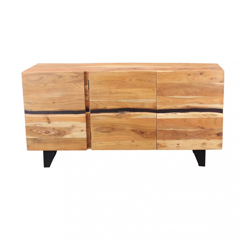 Buffet d'entrée de maison en bois d'acacia travaillé avec 3 portes et pieds en métal Kinde
