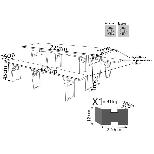 Set Birreria tavolo con panche a 3 gambe da campeggio 220x70 cm