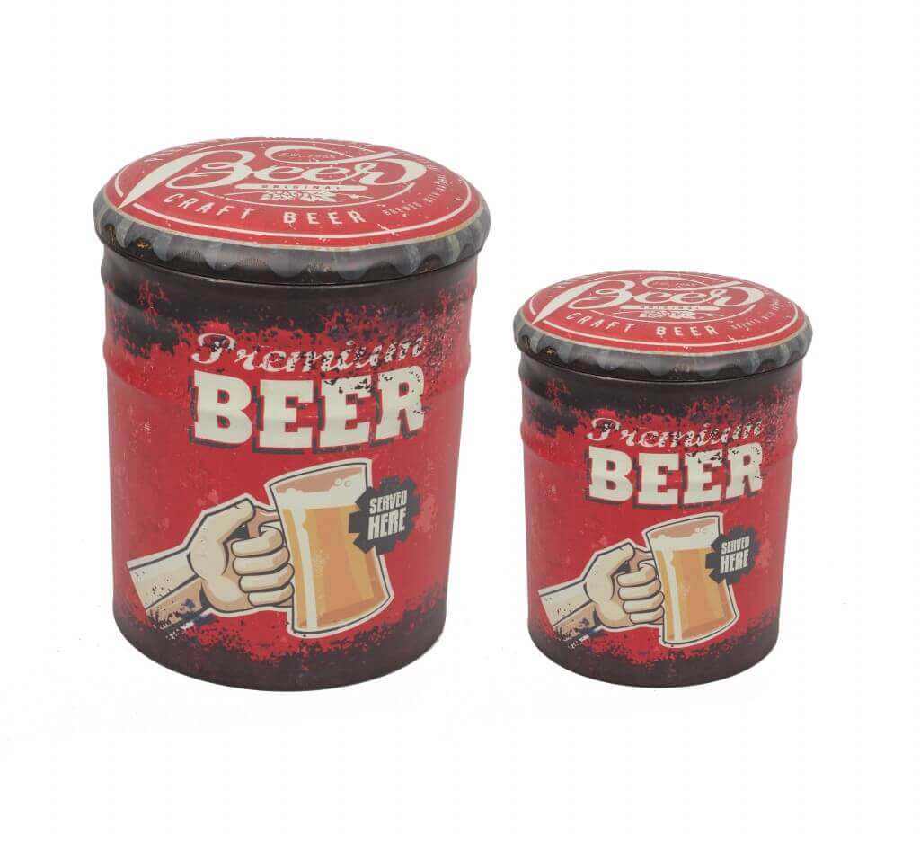 Set 2 puof contenitori da interno imbottiti da seduta con grafica birra Linea Industrial