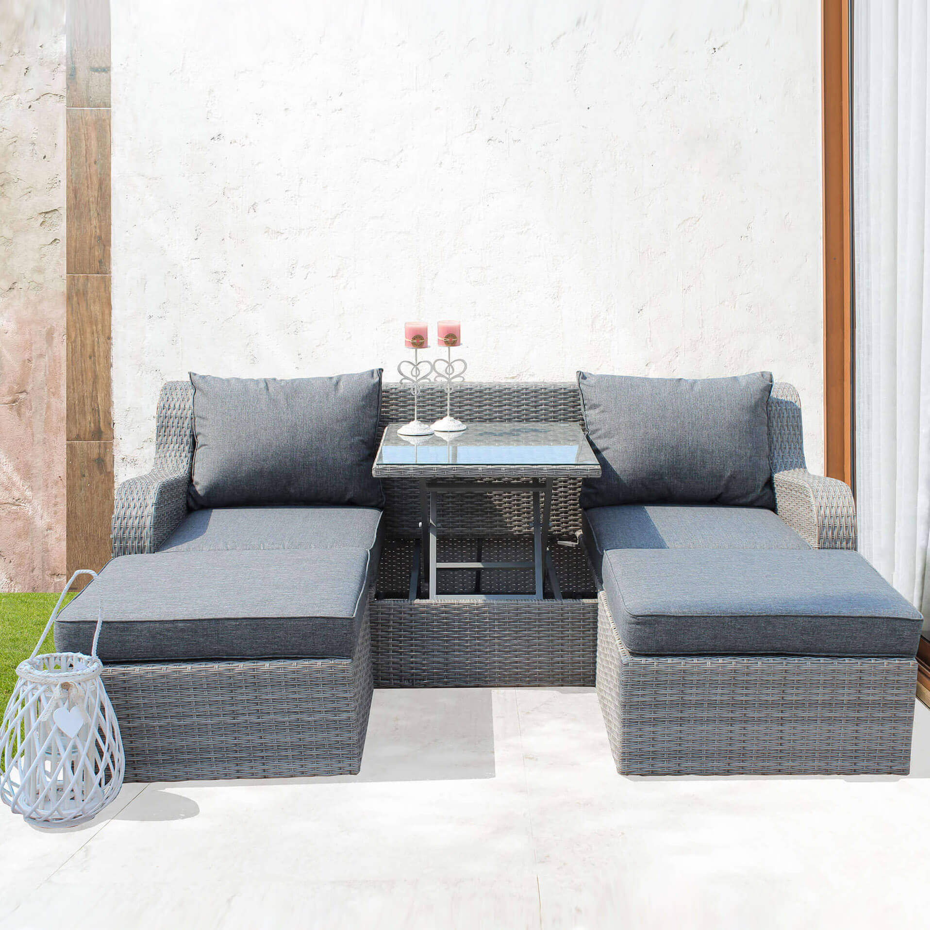 Divano con tavolino estraibile e 2 pouf con cuscini MESSICO