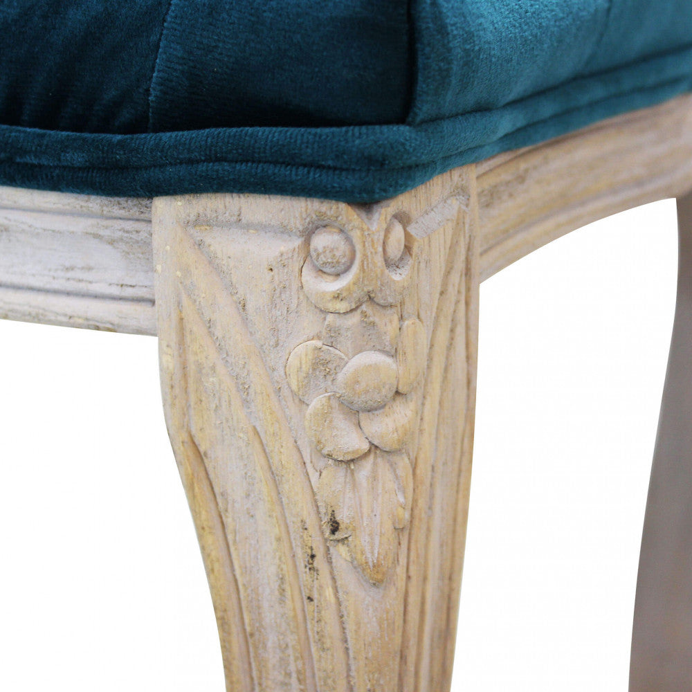 Panca da interno soggiorno salotto con struttura in legno sbiancato e seduta in velluto imbottito effetto vintage Soqi